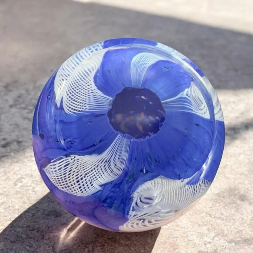 Murano Art Glass Paperweight Orb Cobalt Blue White Cane Venetian Italy Glass VTG